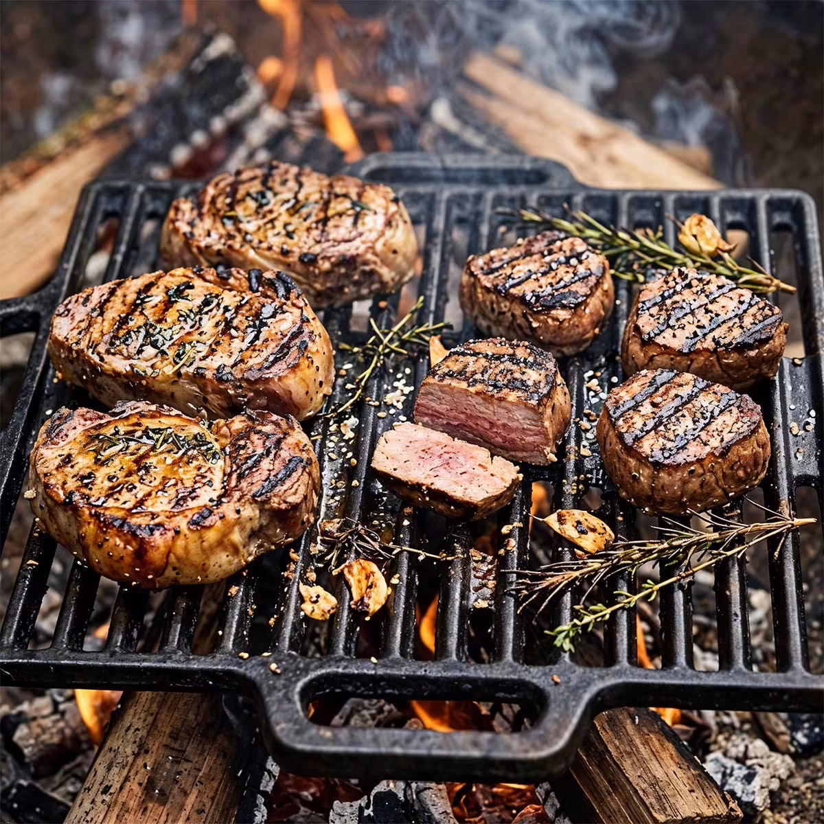 Gegrillte Wildschwein-Steaks aus der Keule und Wildschwein-Medaillons aus dem Rücken mit Grillstreifen auf gusseisernem Grillrost über offenem Feuer, mit Rosmarin, Thymian und Knoblauch, innen rosa