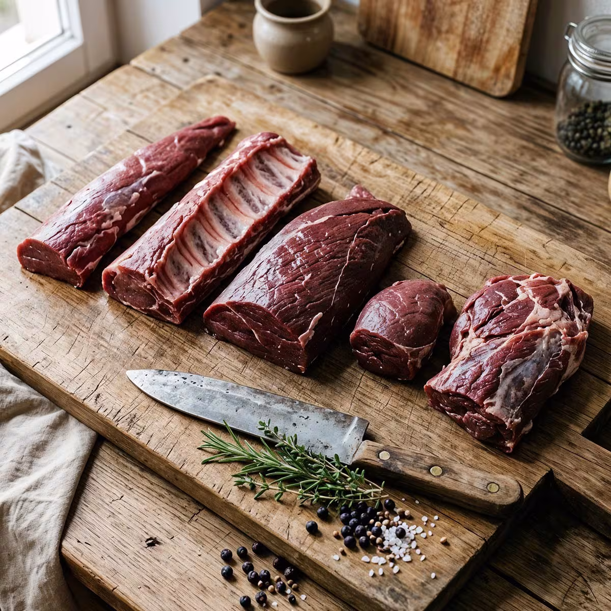 Verschiedene Wildbret-Teilstücke auf rustikalem Holzbrett: Filet, Rücken, Oberschale und Nuss vom Wildschwein und Reh mit Messer, Rosmarin, Thymian und Wacholderbeeren