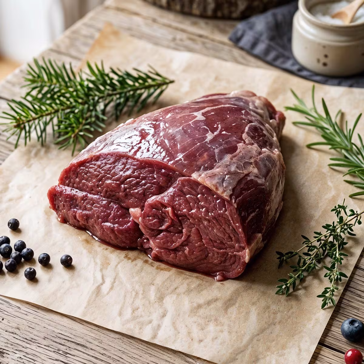 Frisches hochwertiges Wildbret zum Kaufen: roher Rehkeulen-Braten auf Metzgerpapier mit Tannenzweig, Rosmarin, Thymian und Wacholderbeeren als Zeichen für Frische und natürliche Herkunft