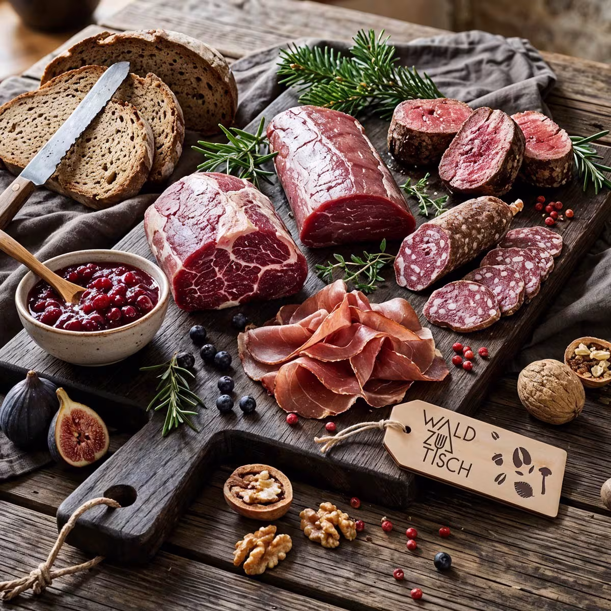 Hochwertige Wildfleisch-Auswahl auf Holzbrett mit Rehfilet, Hirschschinken, Wildschweinsalami, Preiselbeeren, Brot und Nüssen als Beispiel für Wildpreise nach Teilstück und Veredelung