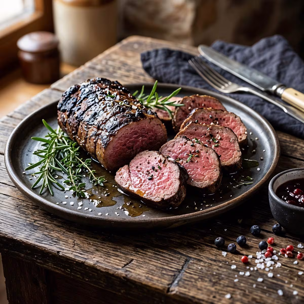 Gegrillter Rehrücken in saftige Medaillons aufgeschnitten, medium-rare gegart mit Rosmarin, Thymian, Pfeffer und Preiselbeersauce auf rustikalem Holztisch