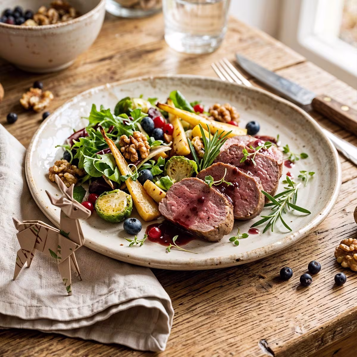 Gesundes Wildfleisch: zarte Rehmedaillons medium-rare mit frischem Salat, Ofengemüse, Walnüssen, Beeren und Preiselbeersauce auf hellem Teller – fettarm, proteinreich und reich an Nährstoffen