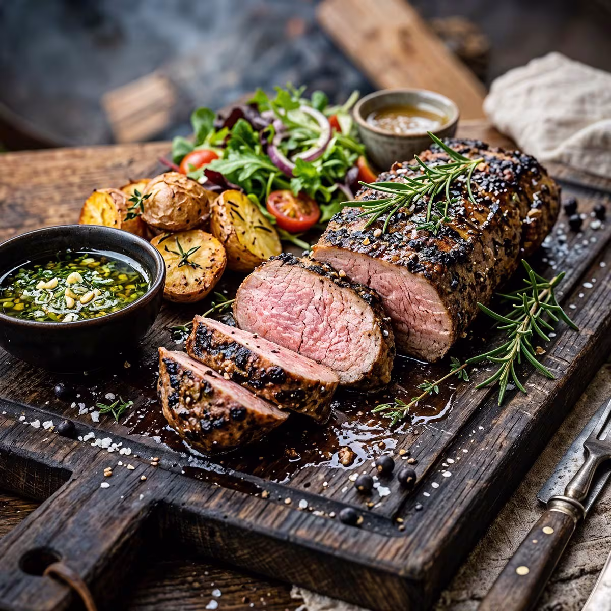 Gegrillter Wildschwein-Rücken rosa aufgeschnitten mit Knoblauch-Kräuter-Marinade und Grillkruste, serviert mit Röstkartoffeln, frischem Salat und Kräuterdip auf rustikalem Holzbrett