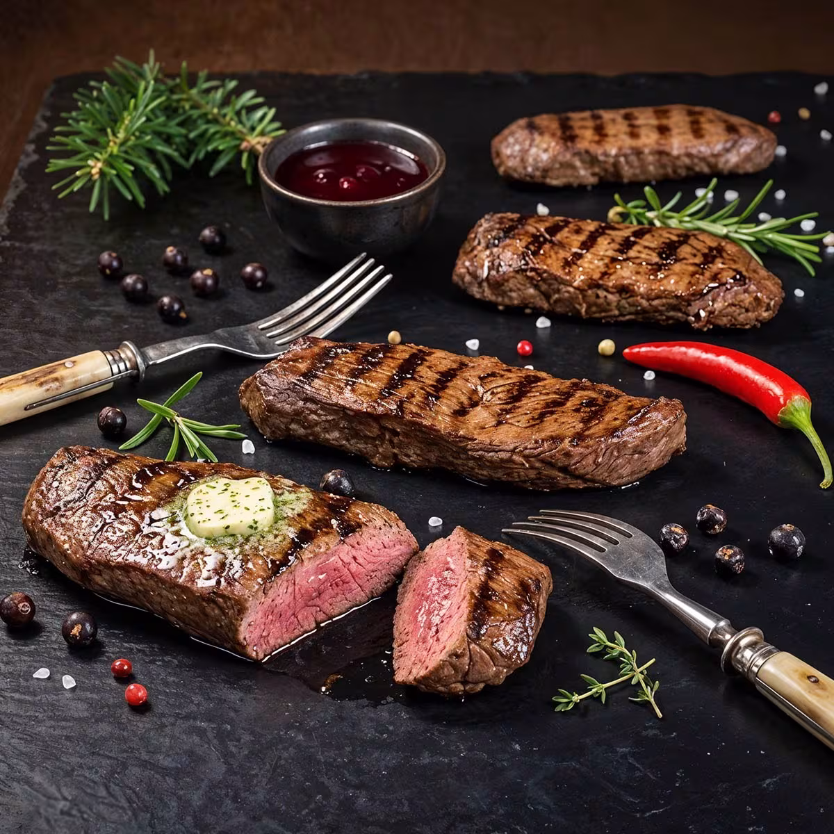 Gegrillte Rehsteaks und Rehfilet mit Grillstreifen, medium-rare gegart mit Kräuterbutter, Rosmarin, Thymian, Wacholderbeeren und Preiselbeersauce auf dunkler Schieferplatte