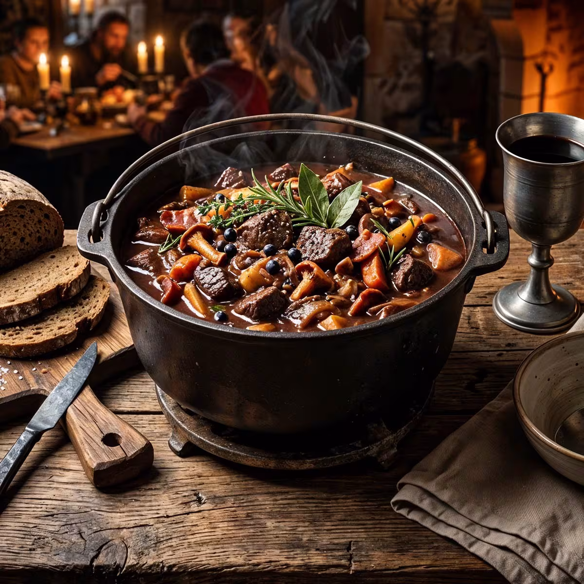 Mittelalterliches Hirsch- und Wildschweingulasch im gusseisernen Kessel mit Rotwein, Waldpilzen, Wacholderbeeren und dunklem Brot beim festlichen Bankett