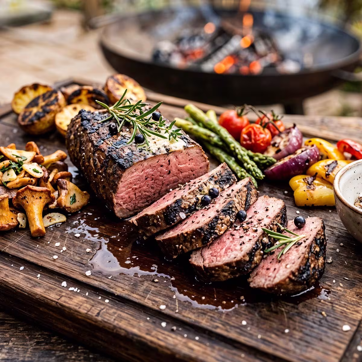 Gegrillte Hirschlende und Hirschfilet, medium-rare aufgeschnitten mit rosa Kern und Grillstreifen, serviert mit Grillgemüse, Pfifferlingen und Kartoffeln am Holzkohlegrill